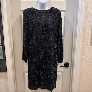 Black Silk & Beaded Vintage Long Sleeve Evening Gown Large - Xoanon